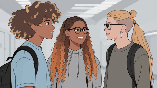 Three Teenagers Chatting in School Hallway