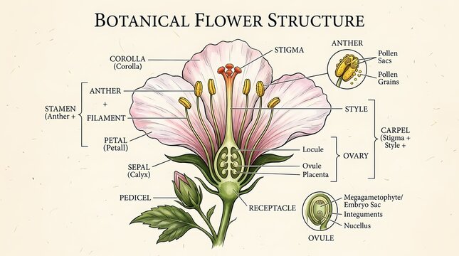 Comprehensive botanical diagram showcasing the detailed internal structure of a flowering plant and its reproductive organs, crucial for understanding plant biology