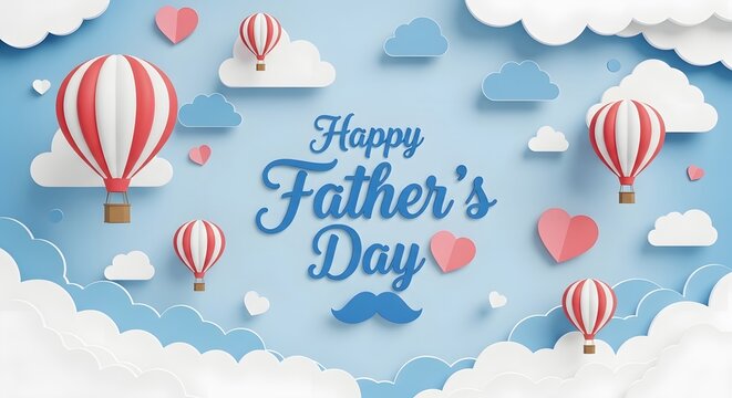Happy Father's Day hot air balloons in sky with clouds and hearts