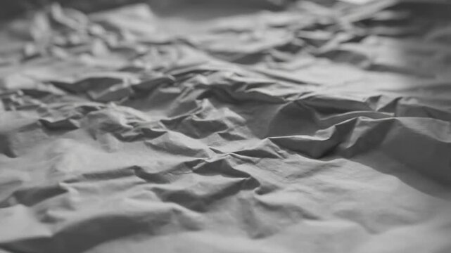 Abstract monochrome texture of crumpled white paper with dramatic shadows and highlights.