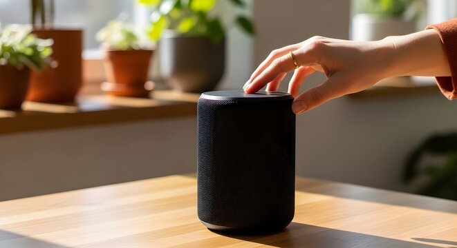 Hand Interacting with Smart Speaker on Wooden Table in Bright Indoor Lifestyle Setting, Close-Up Technology View