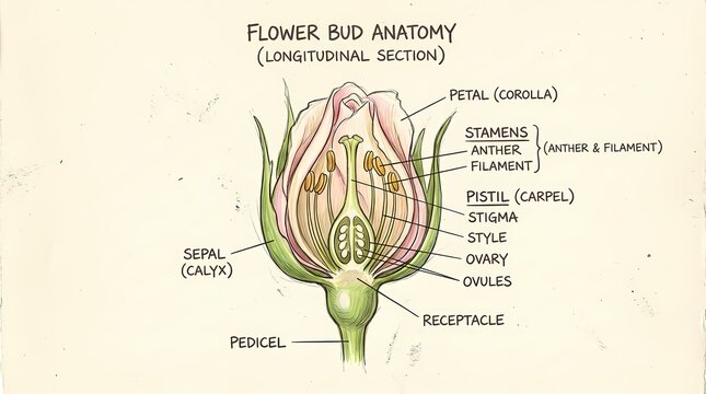 Detailed anatomical illustration of a flower bud's longitudinal section, showcasing its reproductive and protective structures