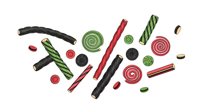 Assorted colorful licorice candy pieces.