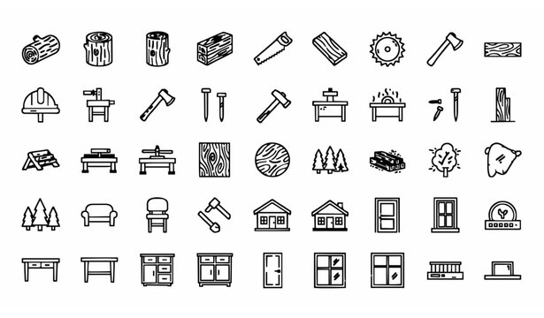 Wood outline icon set with editable stroke timber carpentry woodworking and lumber symbols collection