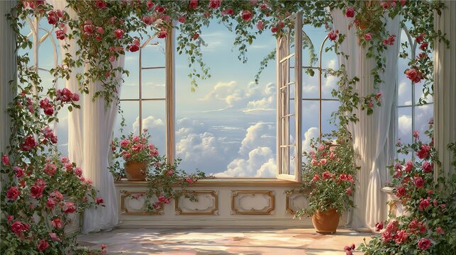 Oil painting of sunlit window opening to white clouds and blue sky outside flowers underneath pink roses green plants red leaves big rose foreground dreamlike
