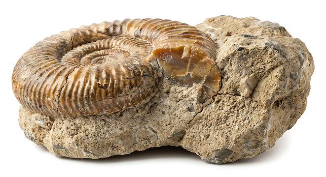 Ammonite fossil in natural stone matrix isolated on white background
