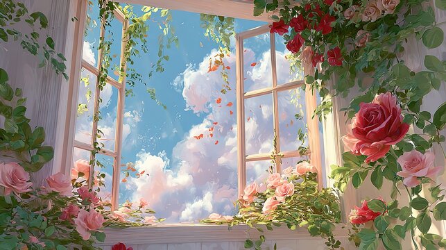Window oil painting with sky view below sill pink roses blooming green plants on ledges red leaves hanging giant rose front warm digital atmosphere