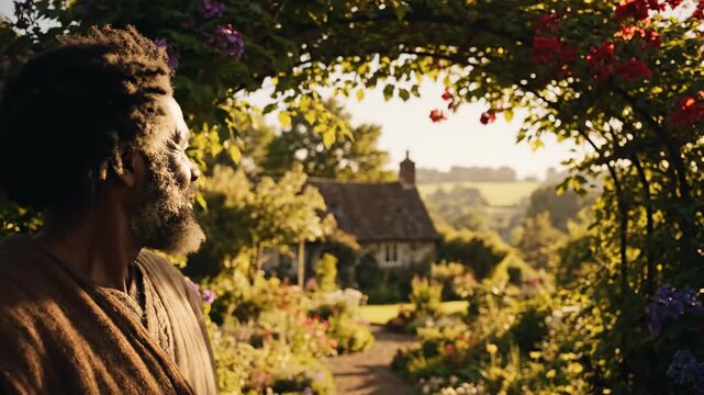 A thoughtful senior African man in traditional historical attire standing in a lush flowering garden at sunset.