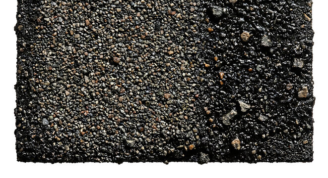 Black asphalt texture sample with wet and dry bitumen surface macro