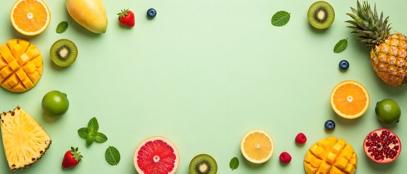 Bingkai latar belakang dari potongan buah nanas mangga jeruk dan kiwi pada warna hijau muda