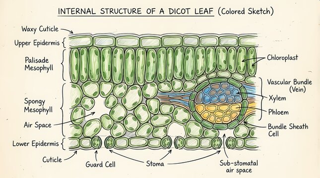 Internal structure of a dicot leaf, a colored sketch detailing its cellular composition and key components like vascular bundles and epidermis layers