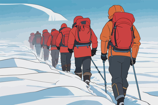 Group of hikers walking on snowy landscape