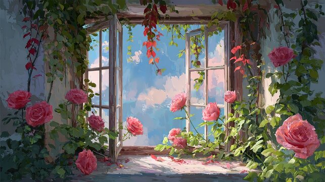Sunlit window oil painting open to sky view below flowers pink roses along edges green plants both sides red foliage large rose dreamlike digital