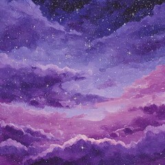 Fototapeta premium Oil painting of cosmic sky purple blue background dotted with stars pink clouds interweaving purple galaxy nebula dreamy landscape warm atmosphere