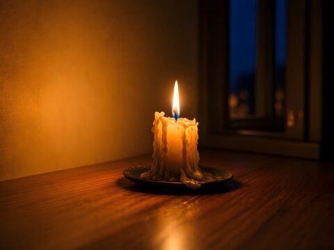 Satu lilin meleleh menyala di atas piring kecil di meja kayu dekat jendela yang gelap