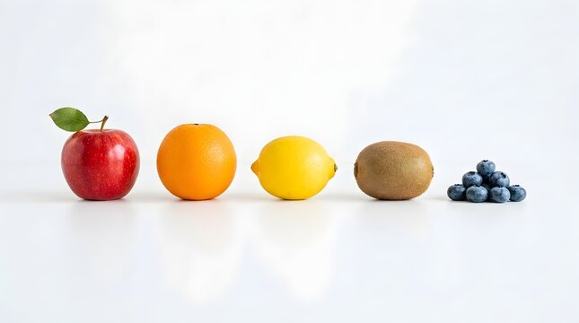 Komposisi minimalis barisan buah apel jeruk lemon kiwi dan beri pada latar belakang putih