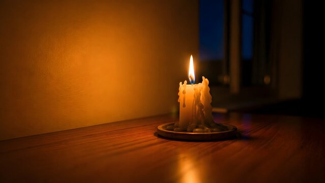 Cahaya lilin hangat menyala di atas meja kayu dalam ruangan yang gelap dan tenang
