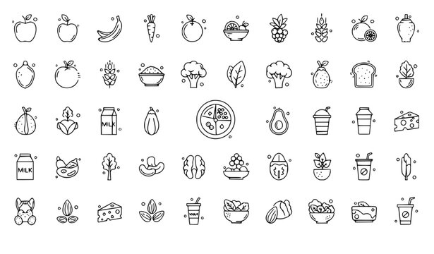 Healthy eating linear dot icons set fruits vegetables nutrition vector collection
