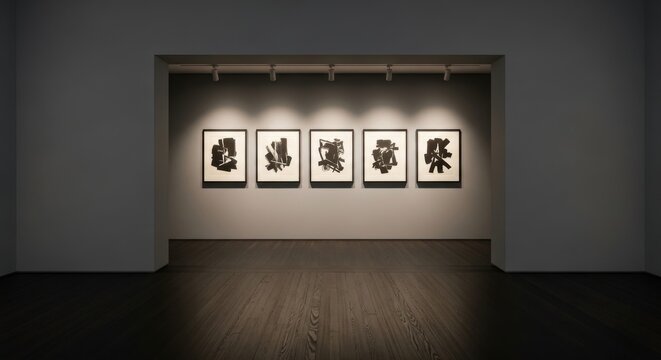 Five framed abstract artworks displayed on a gallery wall illuminated by track lighting above a dark timber floor.