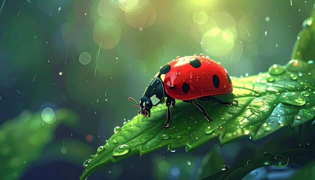 Red beetle on wet leaf