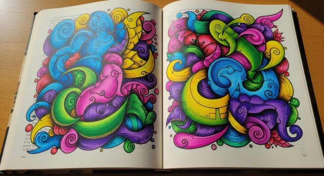 Colorful Abstract Swirls and Patterns in Open Art Book
