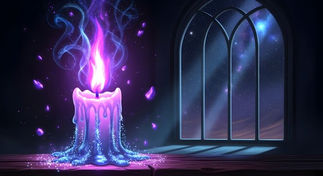 Ilustrasi fantasi lilin ajaib menyala dengan api biru keunguan di dekat jendela berlatar langit malam berbintang