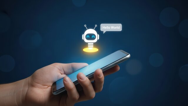 Hand holding a smartphone with a virtual AI chatbot assistant icon appearing on the screen for automated customer support.