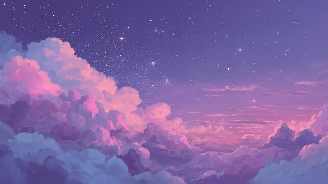 Oil painting of cosmic background purple blue dotted with stars pink clouds interweaving purple galaxy nebula starry purple landscape warm