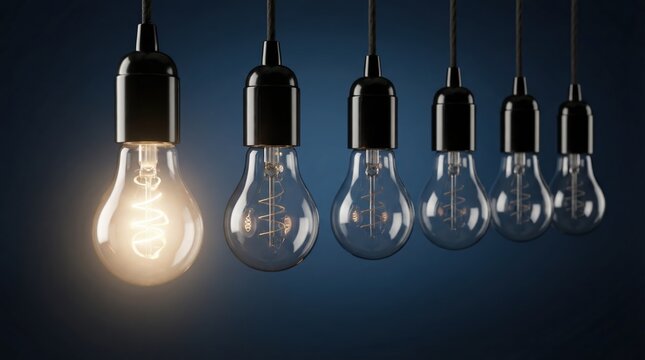 A single glowing light bulb among a row of dark bulbs representing a bright idea and leadership.