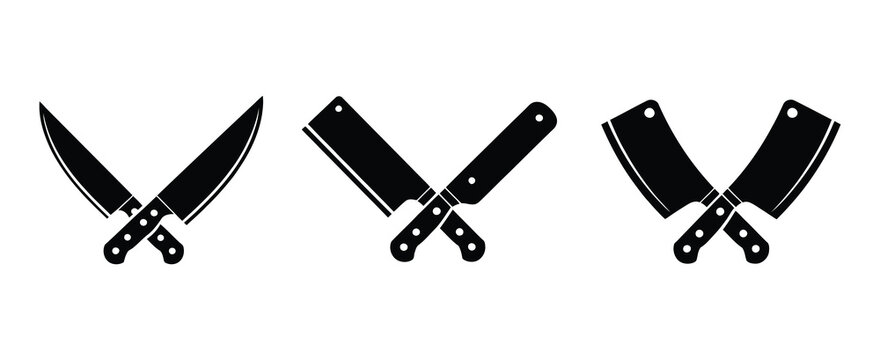 Meat cutting knives set, set of butcher meat knives vector, restaurant or cafe kitchen slicing knives, chef stainless knife set, professional culinary tools collection with sharp blades and ergonomic 