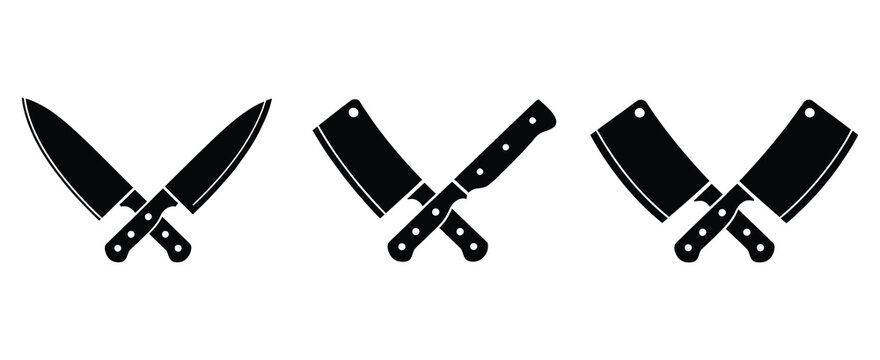 Meat cutting knives set, set of butcher meat knives vector, restaurant or cafe kitchen slicing knives, chef stainless knife set, modern flat and outline design for kitchen equipment