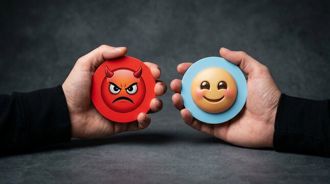 Hands Holding Contrasting Emotion Puppets Against Dark Background for Expressive Concepts