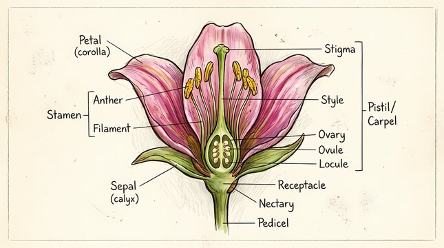 Detailed botanical illustration of a pink flower's anatomy, highlighting pistil, stamen, petal, and sepal with hand-drawn visual style
