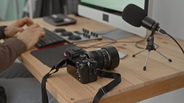 Man with hands typing on keyboard beside mirrorless camera and tabletop microphone on wooden desk in studio; focused podcasting workflow.