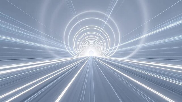 Circular tunnel formed by concentric rings of white light with radial lines