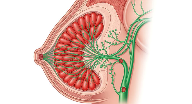 Anatomical illustration of female breast lobules and lymphatic vessels anatomy medical
