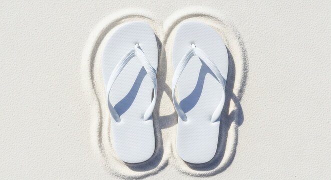White Rubber Flip Flop Sandal Pair on Sand Flat Lay &ndash; Summer Lifestyle Photo 8K
