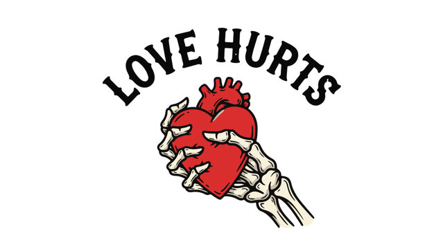 Illustration of a hand holding a bleeding heart with the text love hurts Vector, illustration