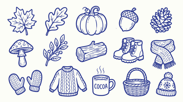 A charming collection of hand-drawn illustrations depicting various autumn and winter elements, perfect for seasonal designs.