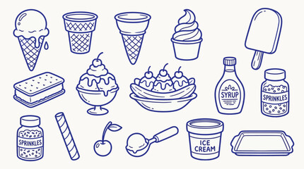 A charming collection of hand-drawn illustrations depicting various ice cream treats and related items, perfect for a sweet and delightful theme. © zainab