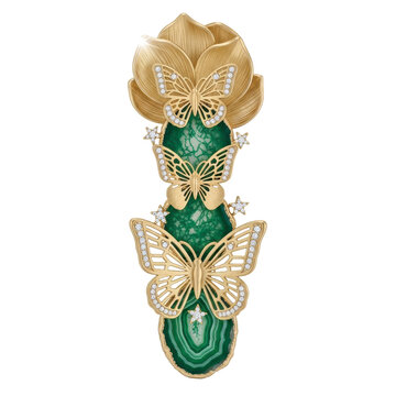Gold butterflies and diamond flower with green agate gemstone