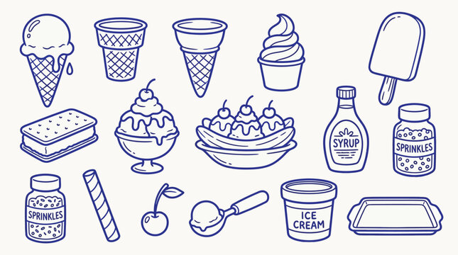 A charming collection of hand-drawn illustrations depicting various ice cream treats and related items, perfect for a sweet and delightful theme.