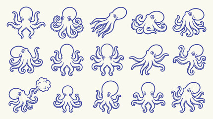 A charming collection of 15 hand-drawn blue ink illustrations of octopuses in various playful poses on a textured cream background. © zainab