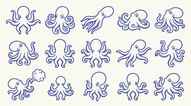 A charming collection of 15 hand-drawn blue ink illustrations of octopuses in various playful poses on a textured cream background.