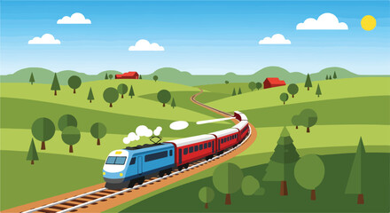 A colorful train travels through a green landscape © Misri