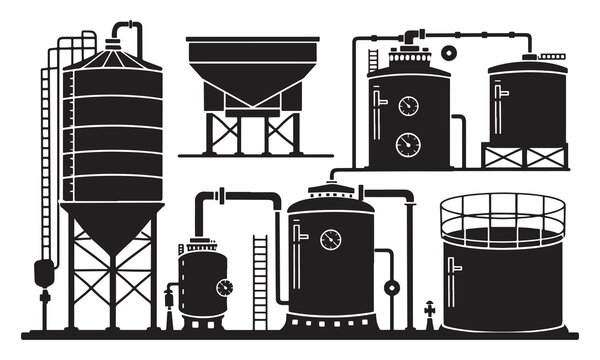 Industrial storage tank vector set, black factory silo icons for manufacturing, oil and gas refinery equipment collection, chemical processing plant silhouettes