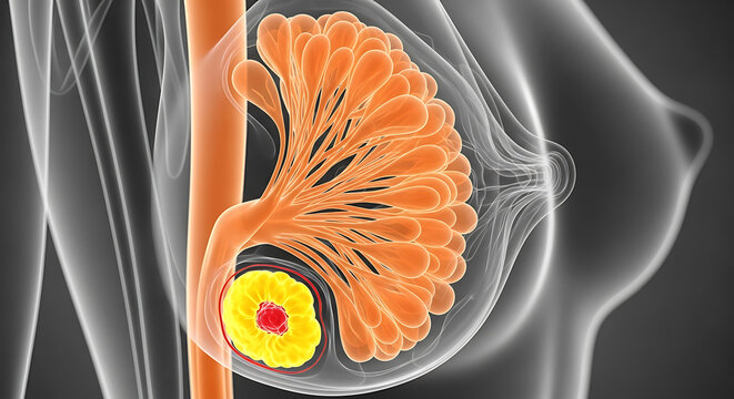 Human breast anatomy with mammary gland and lobule detail image