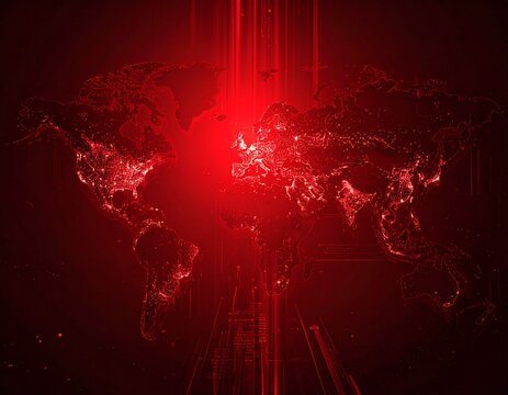 赤く光る世界地図サイバーパンク回路基板背景