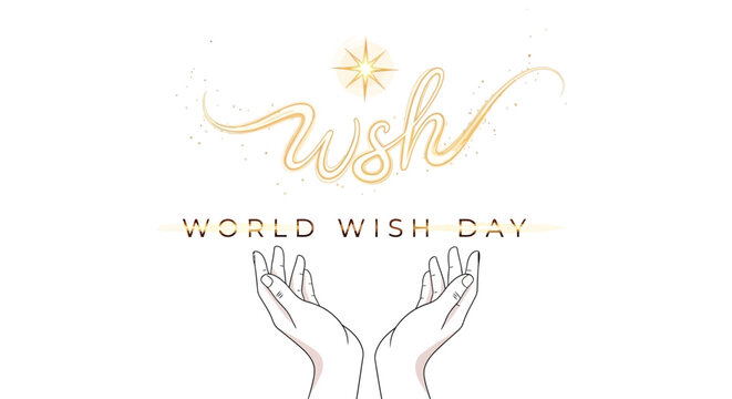 Elegant vector illustration featuring the words 'Wish' and 'World Wish Day' in a gold tone, with hands reaching up against a clean white background, conveying a sense of hope