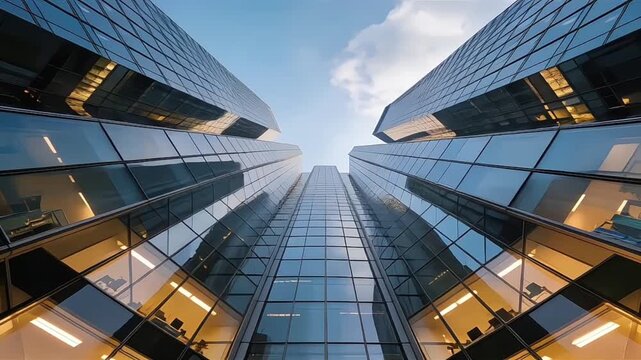 Futuristic Glass Skyscrapers Looking Up in Financial District with Blue Sky Corporate Growth Concept Cinematic View